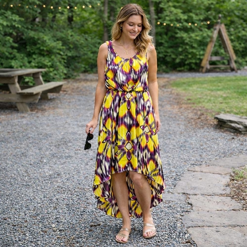 Vince Camuto High Low Dress Yellow Purple Abstract Print Sleeveless Midi Casual
